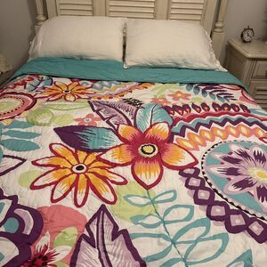 Pottery Barn teen Queen Sz cotton hand stitched quilt bright floral